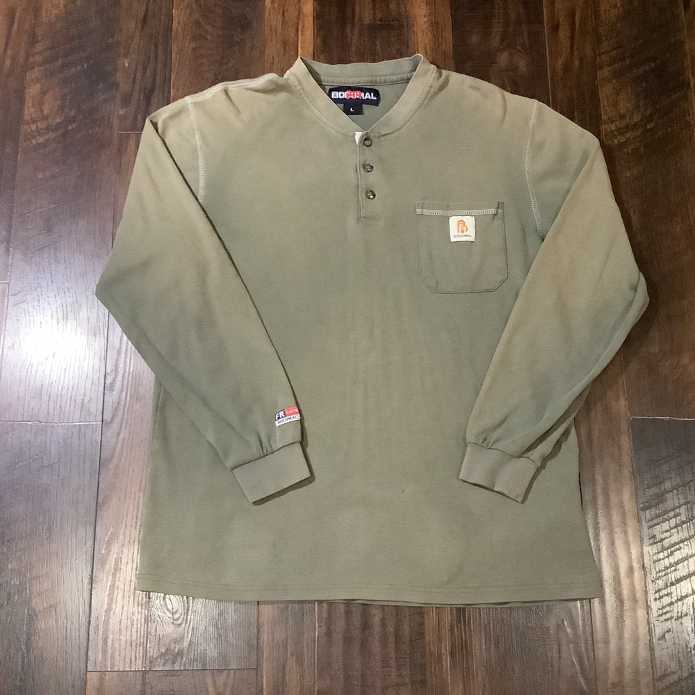 Bocomal Mens FR Flame Resistant Henley Shirt Long Sleeve Olive Green Workwear L